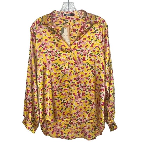 BTFBM Womens Shirt Blouse Floral Print Button Up Yellow Pink Size Medium New - Picture 1 of 10